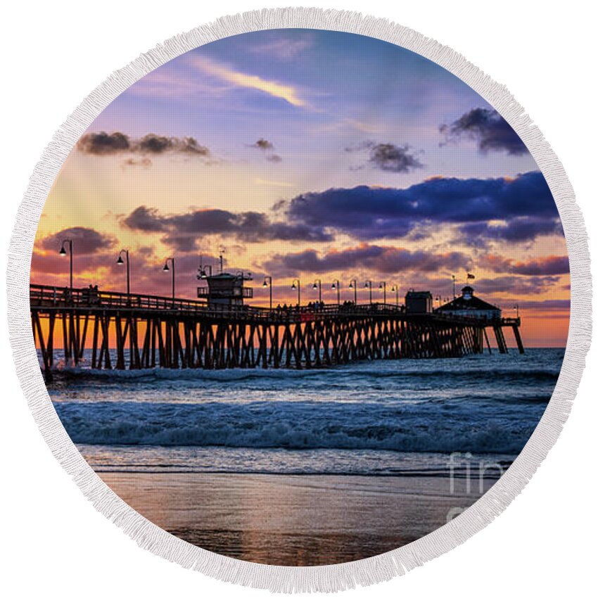 Beach Round Beach Towel featuring the photograph What Lights a Pier at Sunset by David Levin