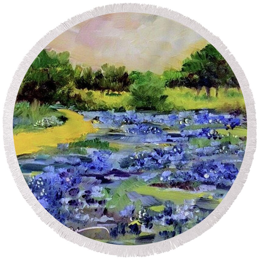 Bluebonnets Round Beach Towel featuring the painting Where The Beautiful Bluebonnets Grow #2 by Adele Bower