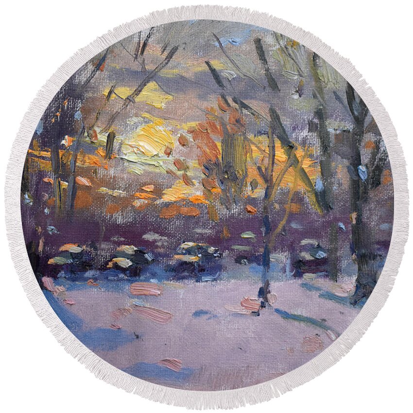 Snow Round Beach Towel featuring the painting Winter Sunset #1 by Ylli Haruni