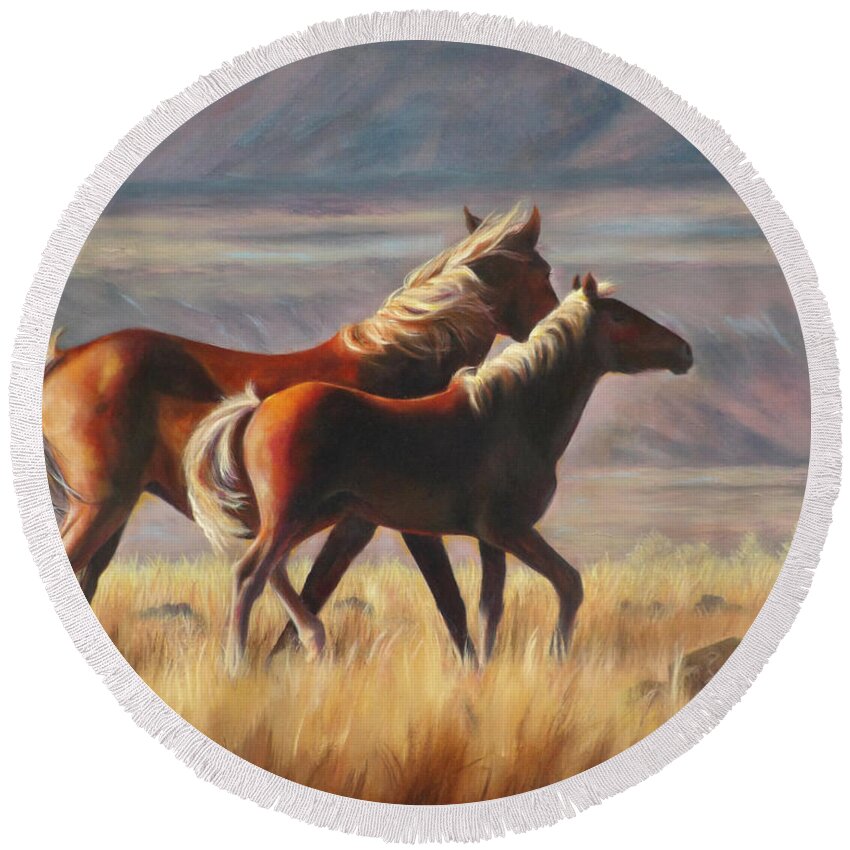 Wild Mustang Art Round Beach Towel featuring the painting Yearling Pride #1 by Karen Kennedy Chatham