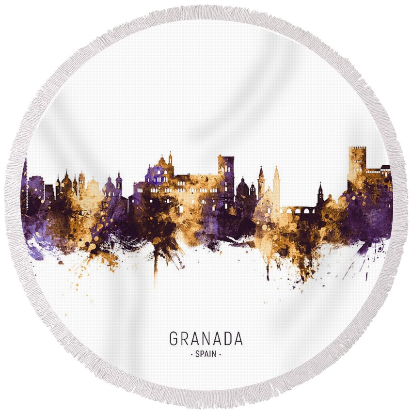 Granada Round Beach Towel featuring the digital art Granada Spain Skyline #10 by Michael Tompsett