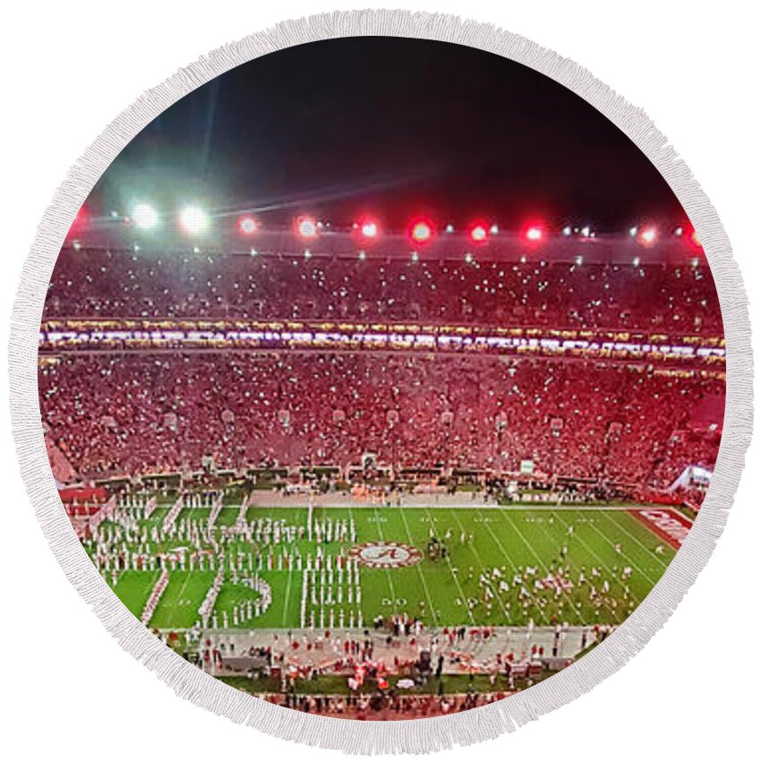 Gameday Round Beach Towel featuring the photograph Night Panorama Bryant-Denny Stadium #11 by Kenny Glover
