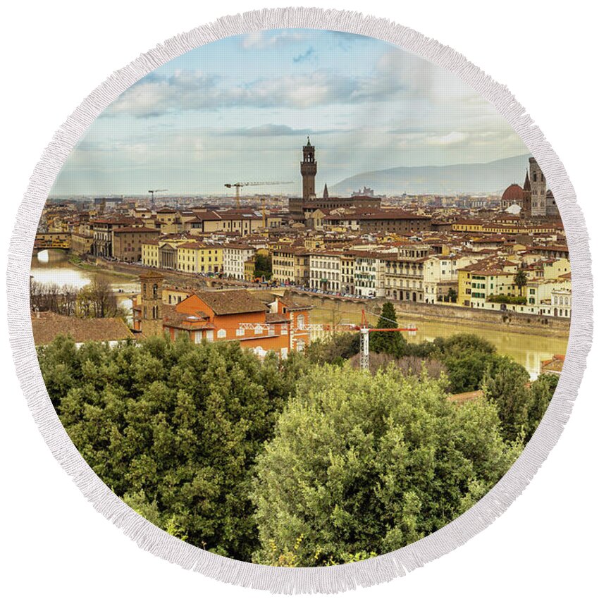 Arno Round Beach Towel featuring the photograph panorama of Firenze #10 by Vivida Photo PC