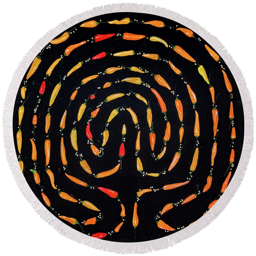 Chilis Round Beach Towel featuring the painting 100 Chili Labyrinth by Cyndie Katz