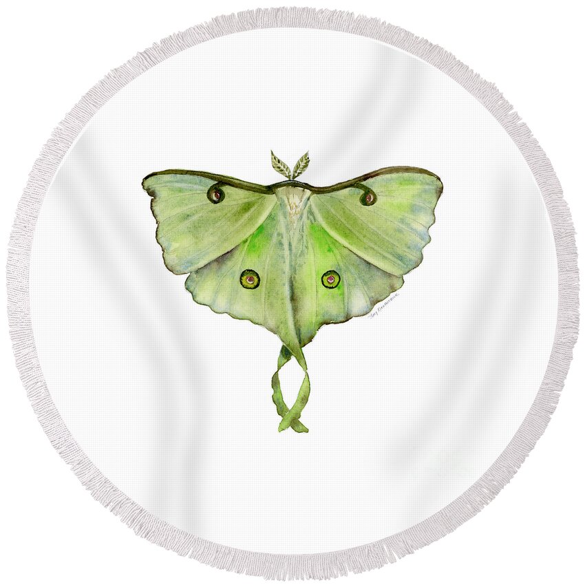 Green Butterfly Round Beach Towel featuring the painting 100 Luna Moth by Amy Kirkpatrick