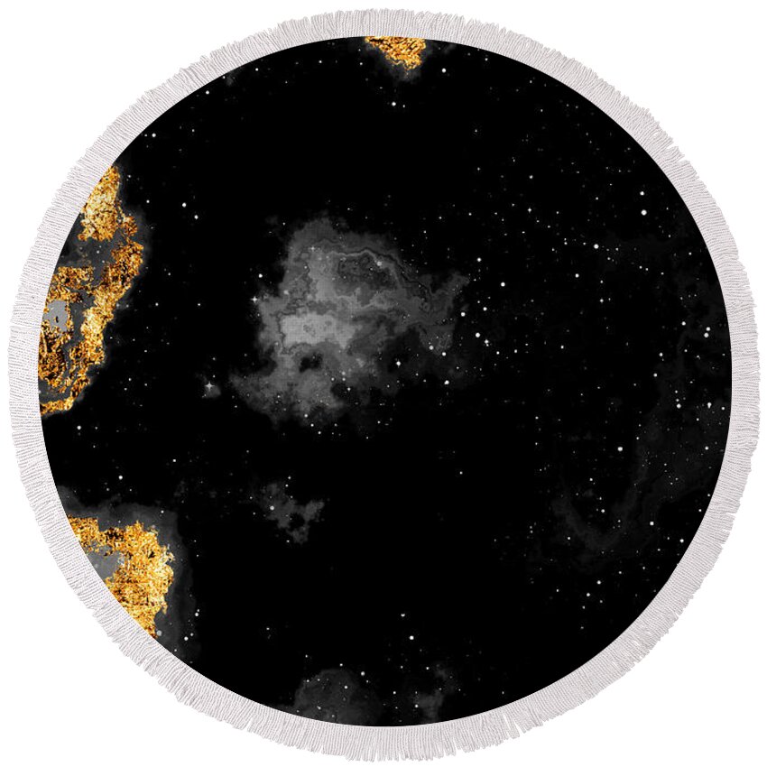 Holyrockarts Round Beach Towel featuring the mixed media 100 Starry Nebulas in Space Black and White Abstract Digital Painting 117 by Holy Rock Design