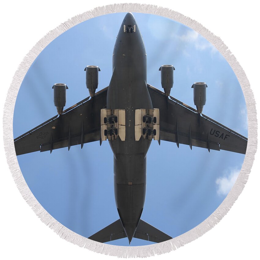 C-17 Round Beach Towel featuring the pyrography C-17 Globemaster III on final to MacDill AFB by Custom Aviation Art