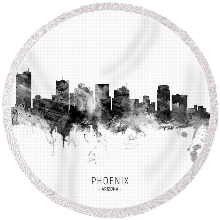 Phoenix Round Beach Towel featuring the digital art Phoenix Arizona Skyline #11 by Michael Tompsett