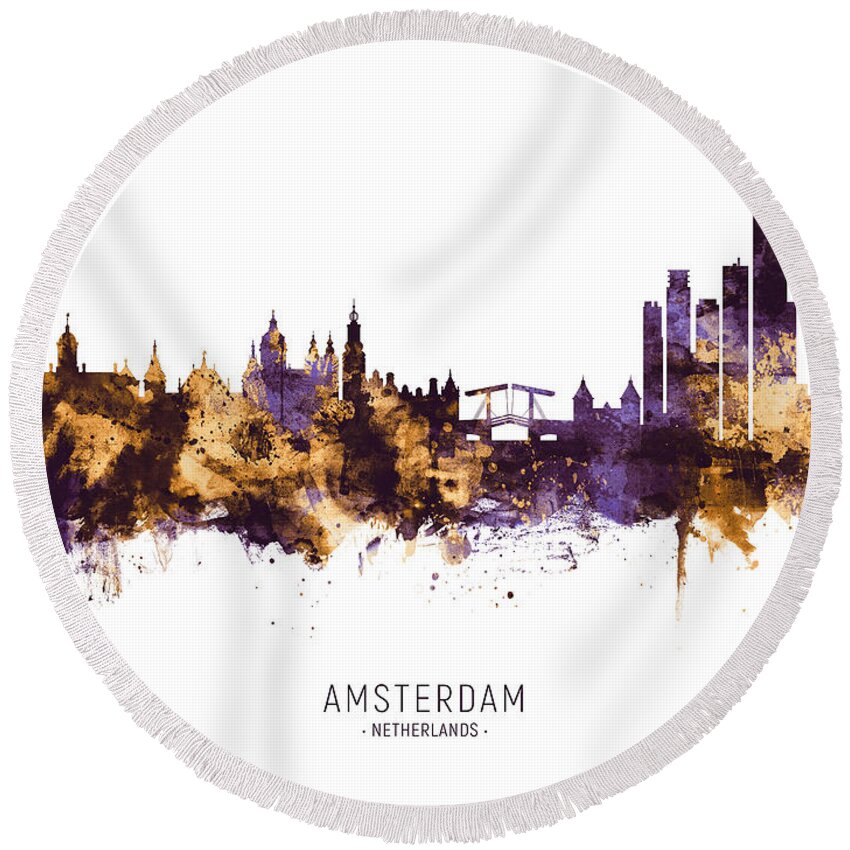 Amsterdam Round Beach Towel featuring the digital art Amsterdam The Netherlands Skyline #12 by Michael Tompsett