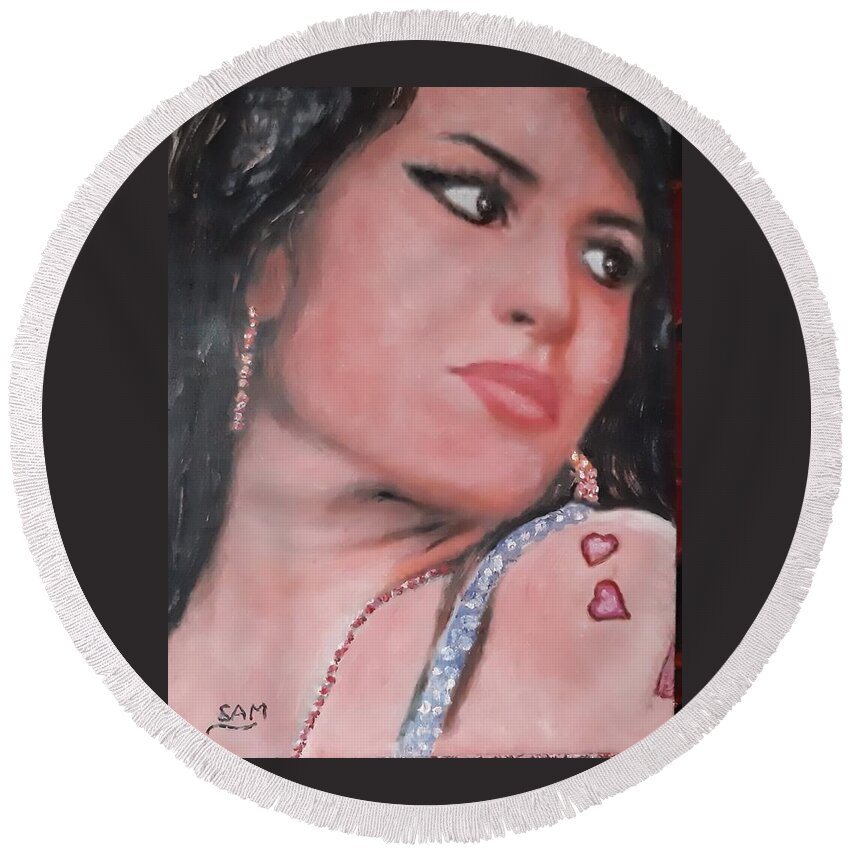 Amy Round Beach Towel featuring the painting Amy Winehouse by Sam Shaker