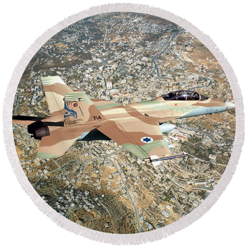 Super Hornet Round Beach Towel featuring the digital art 12. F/A-18FI Israeli Super Hornet by Custom Aviation Art