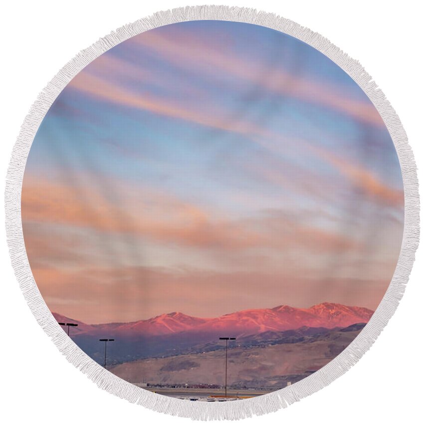 Flying Round Beach Towel featuring the photograph Flying Over Rockies In Airplane From Salt Lake City At Sunset #12 by Alex Grichenko