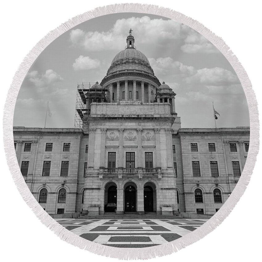 Democrats Round Beach Towel featuring the photograph Rhode Island state capitol building in black and white by Eldon McGraw