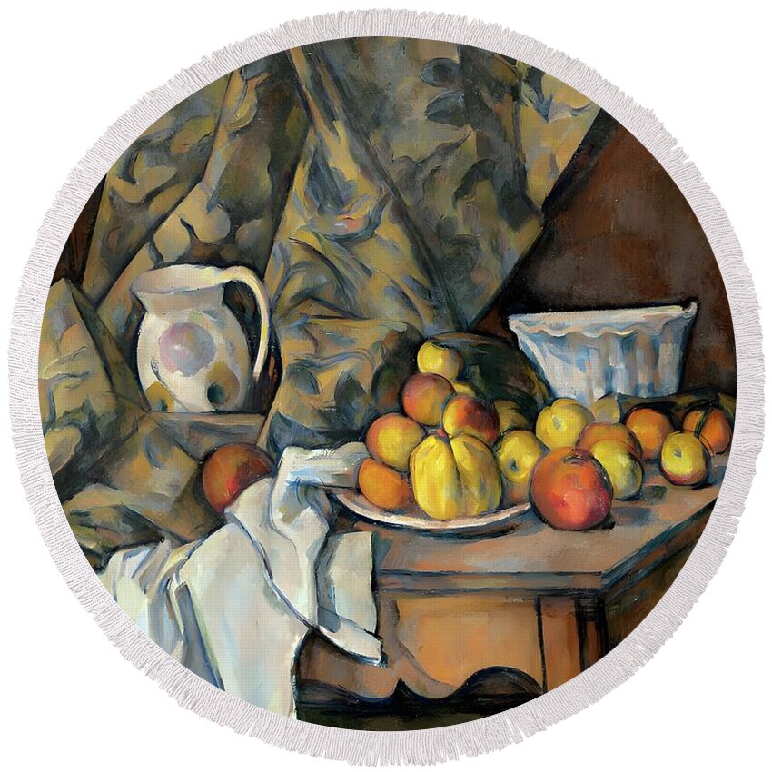 Paul Cézanne Round Beach Towel featuring the painting Still Life with Apples and Peaches by Paul Cezanne by Mango Art