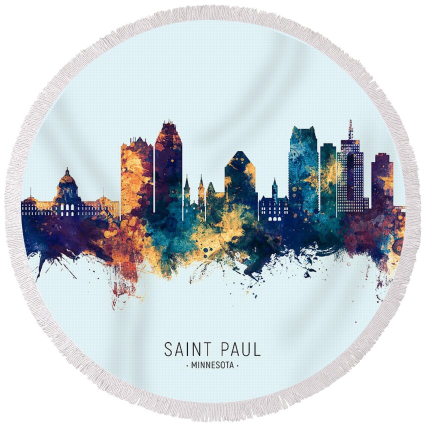 Saint Paul Round Beach Towel featuring the digital art Saint Paul Minnesota Skyline by Michael Tompsett