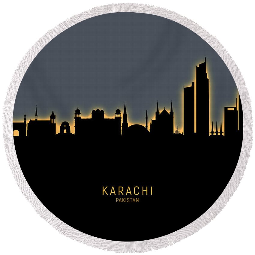 Karachi Round Beach Towel featuring the digital art Karachi Pakistan Skyline by Michael Tompsett