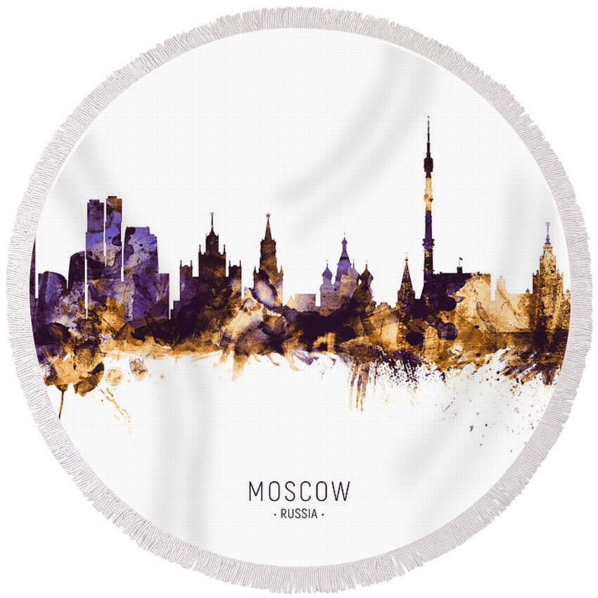 Moscow Round Beach Towel featuring the digital art Moscow Russia Skyline #15 by Michael Tompsett