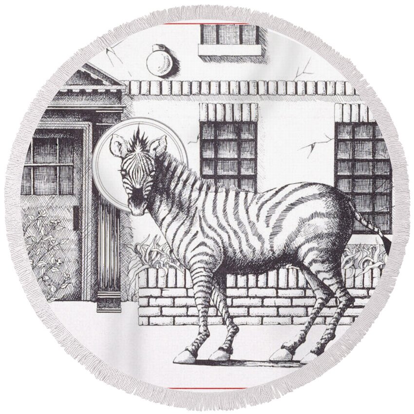 Drawing Round Beach Towel featuring the drawing 16th Street Zebra NYC by William Hart McNichols
