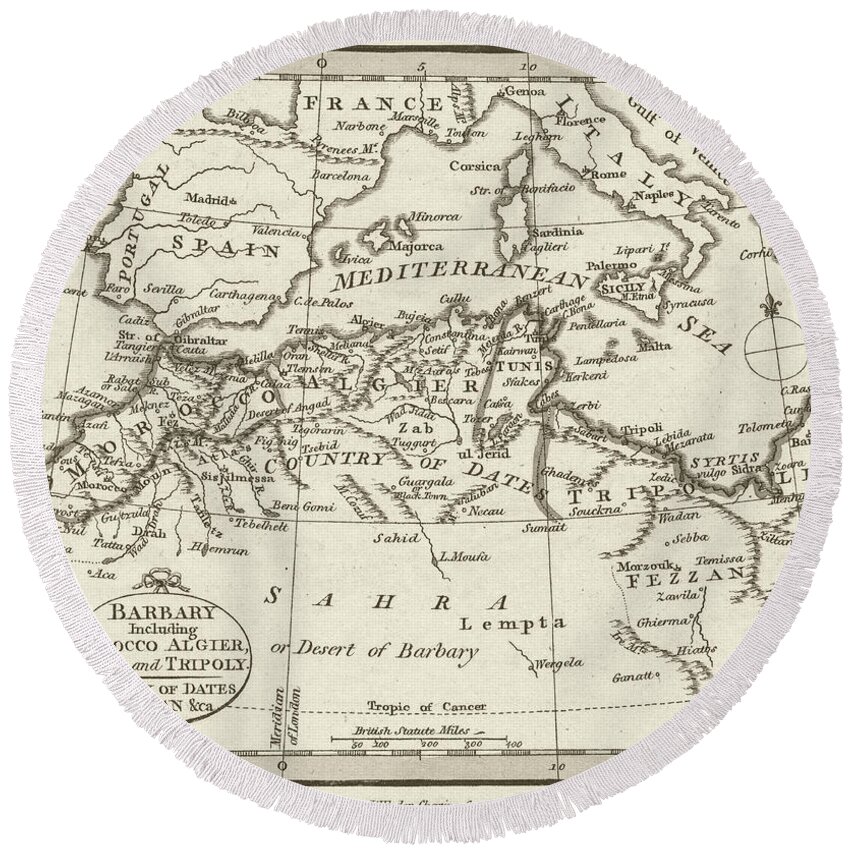 Morocco Round Beach Towel featuring the photograph 1798 Historical map of Barbary including Morocco, Tunis, Algiers and Tripoly Sepia by Toby McGuire