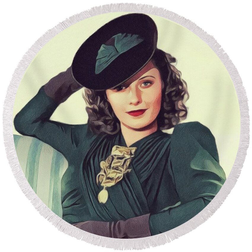 Barbara Round Beach Towel featuring the painting Barbara Stanwyck, Vintage Movie Star #18 by Esoterica Art Agency
