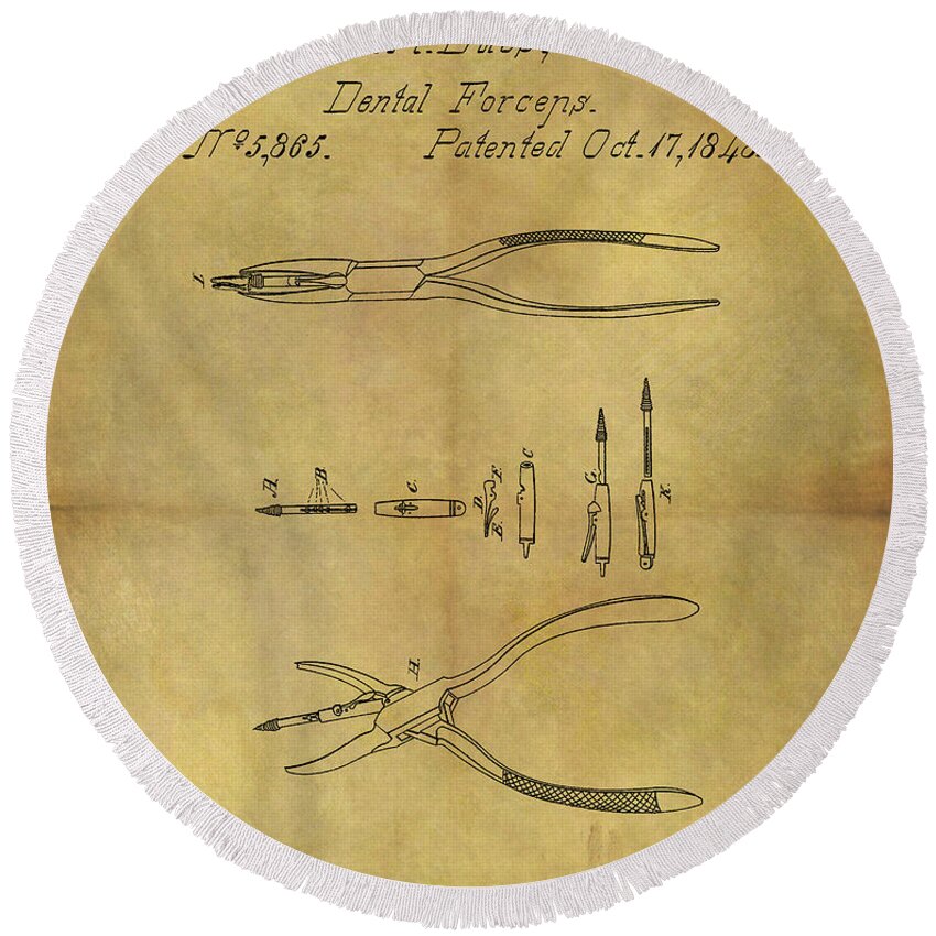 1848 Dental Forceps Patent Round Beach Towel featuring the drawing 1848 Dental Forceps Patent by Dan Sproul