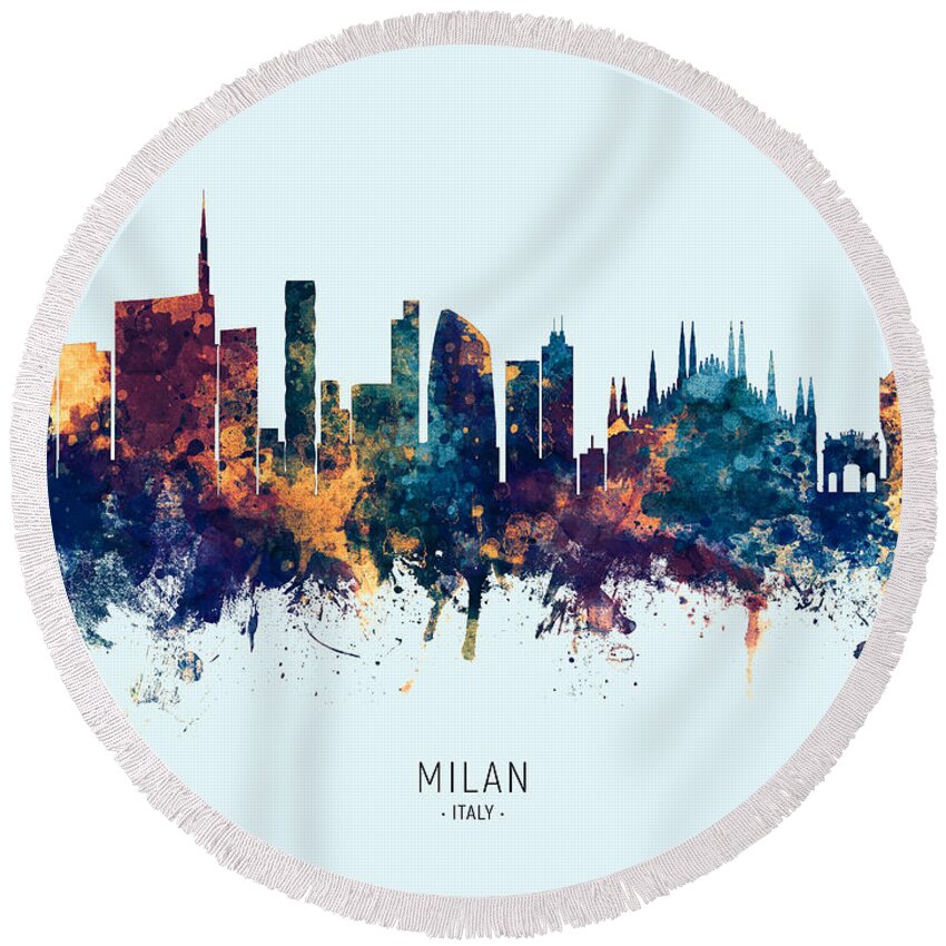 Milan Round Beach Towel featuring the digital art Milan Italy Skyline #19 by Michael Tompsett