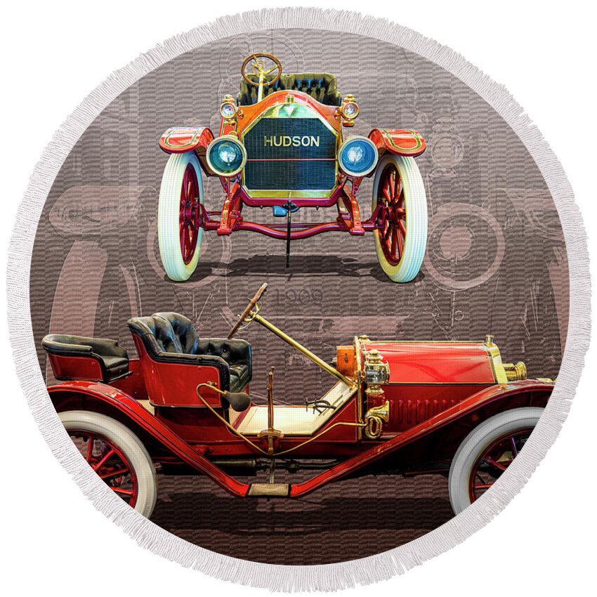 Hudson Round Beach Towel featuring the digital art 1909 Hudson Roadster by Anthony Ellis