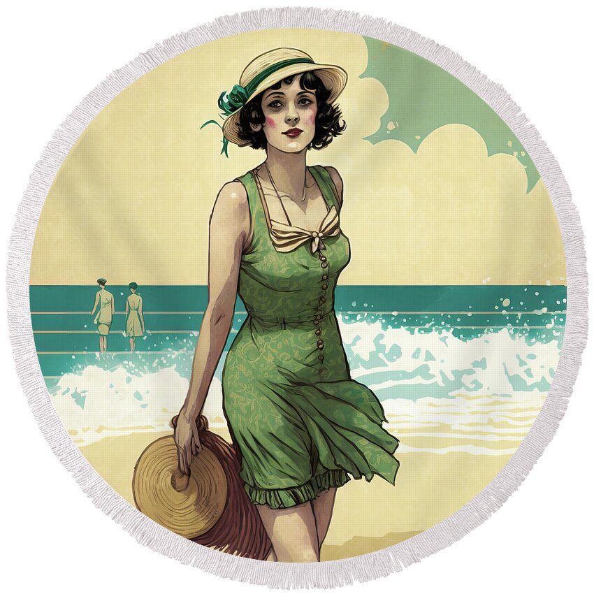 Flapper Round Beach Towel featuring the digital art 1920s Flapper Woman at the Beach 01 by Matthias Hauser
