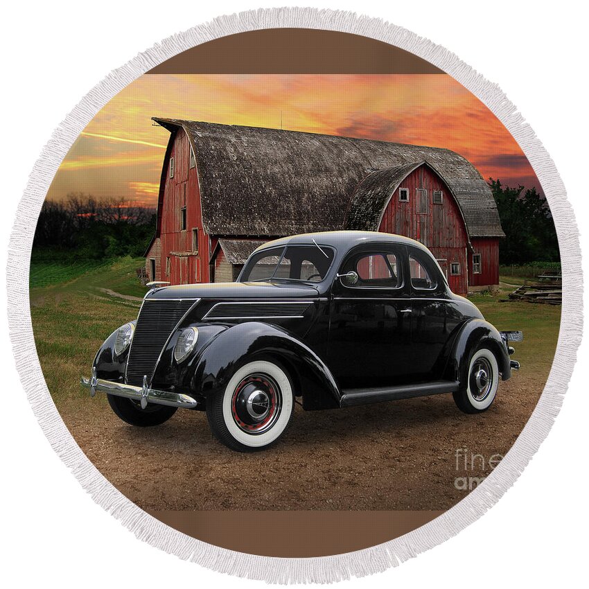 1937 Round Beach Towel featuring the photograph 1937 Ford Coupe, Carver County Barn by Ron Long