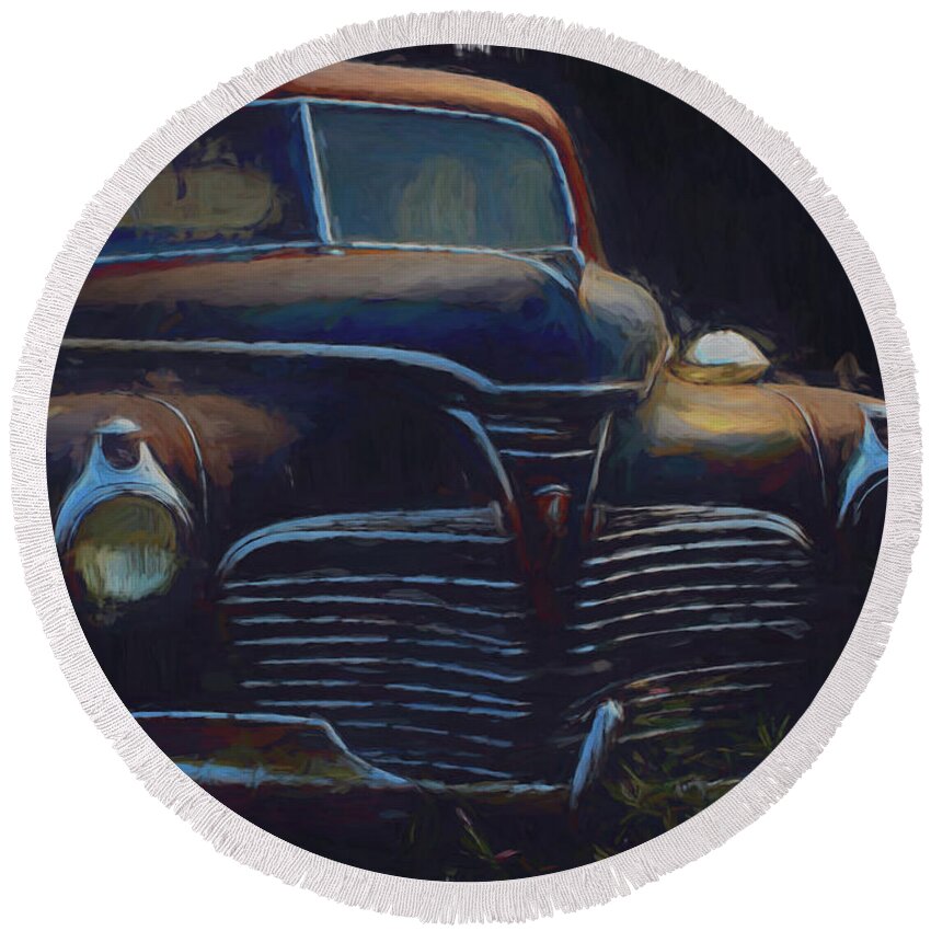 Car Round Beach Towel featuring the digital art 1941 Plymouth Deluxe by Cathy Anderson