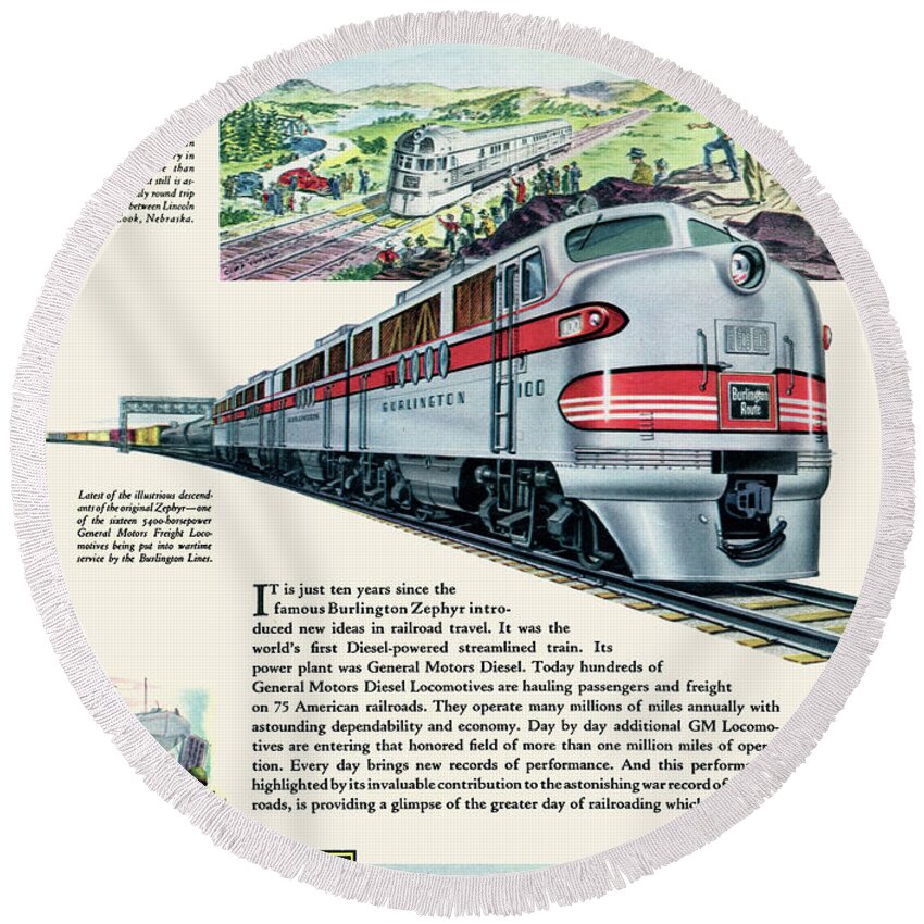 1944 Round Beach Towel featuring the photograph 1944 GM Burlington RR Ad by Ron Long
