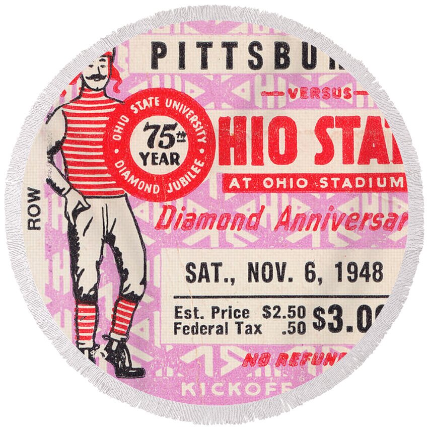 Osu Round Beach Towel featuring the mixed media 1948 Pittsburgh vs. Ohio State by Row One Brand