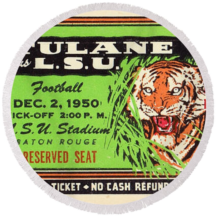 Lsu Round Beach Towel featuring the mixed media 1950 LSU vs. Tulane by Row One Brand