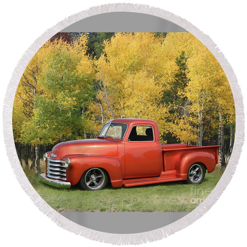1953 Round Beach Towel featuring the photograph 1953 Chevy Pickup, Aspens by Ron Long