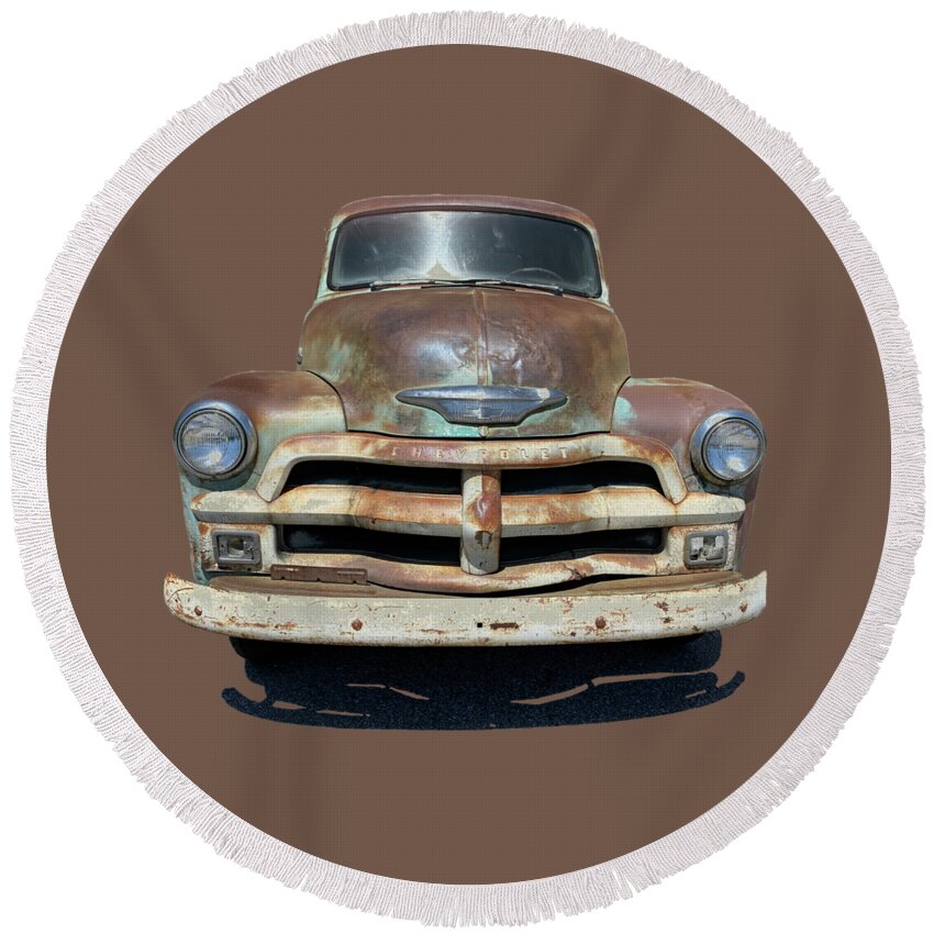 1953 Chevy Truck Round Beach Towel featuring the photograph 1953 Chevy Truck Green With Rust by Deborah League