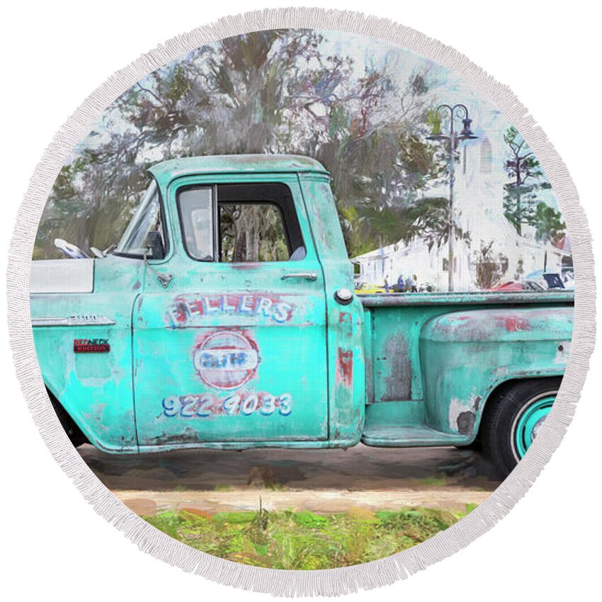 1956 Chevrolet 3100 Stepside Pickup Truck Round Beach Towel featuring the photograph 1956 Blue Chevrolet 3100 Stepside Pickup Truck X108 by Rich Franco