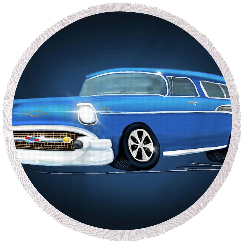 Hot Rod Round Beach Towel featuring the digital art 1957 Chevy Nomad by Doug Gist