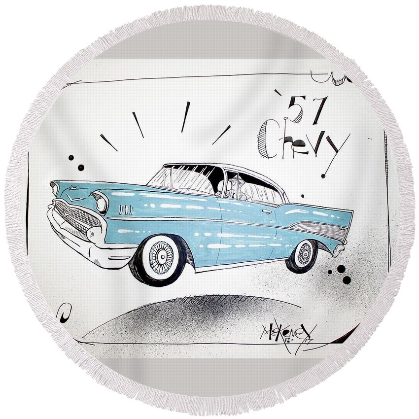  Round Beach Towel featuring the drawing 1957 Chevy by Phil Mckenney