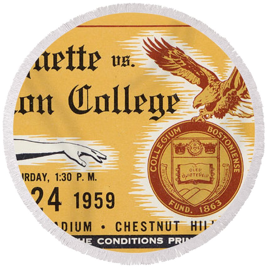 Boston College Round Beach Towel featuring the mixed media 1959 Marquette vs. Boston College by Row One Brand