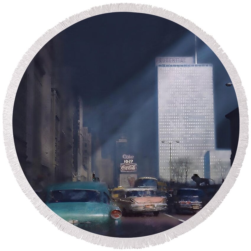 Chicago Round Beach Towel featuring the painting 1962 Michigan Ave in Chicago 10-27 AM by Glenn Galen