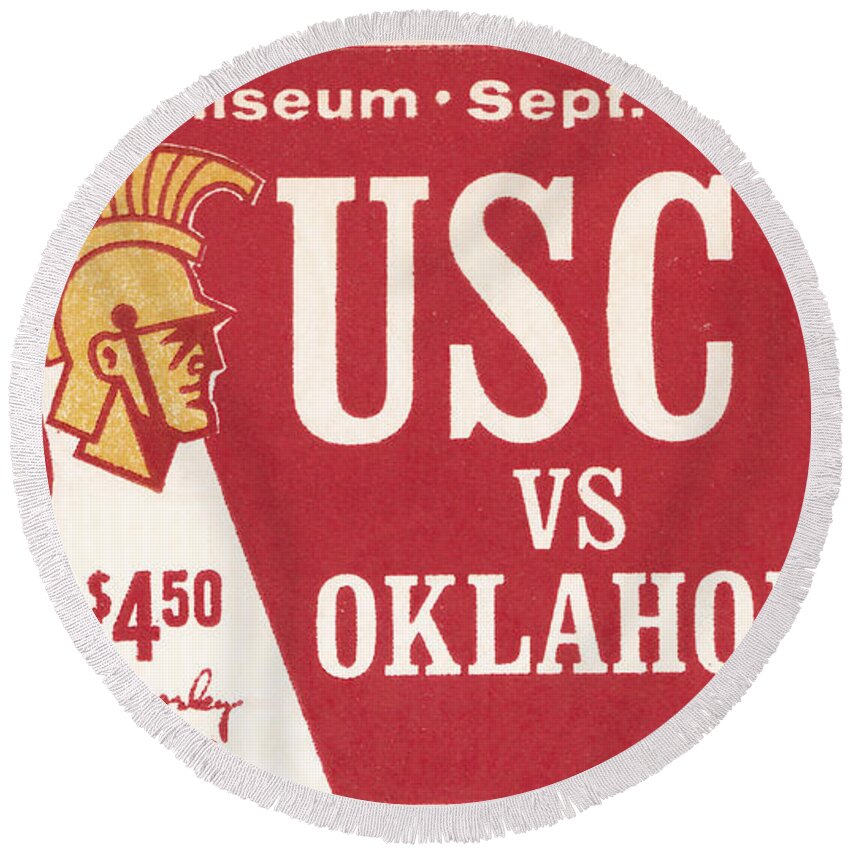 Oklahoma Sooners Round Beach Towel featuring the mixed media 1963 Oklahoma vs. USC by Row One Brand