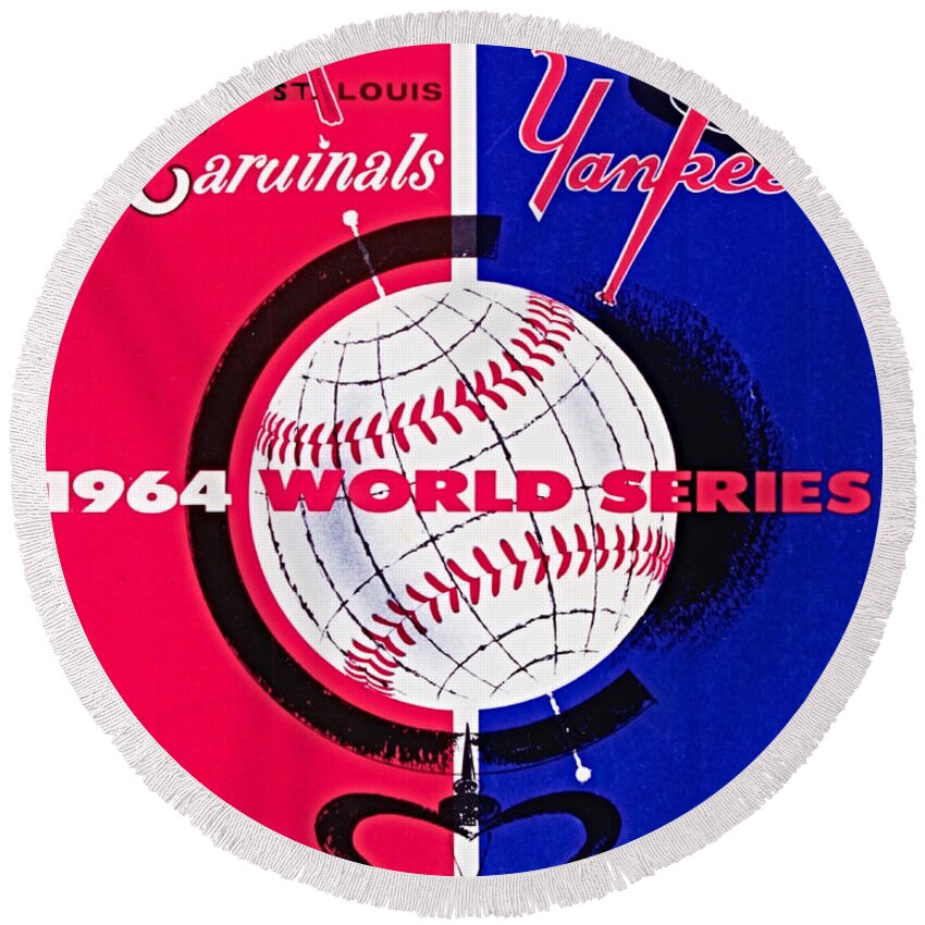 St. Louis Cardinals Round Beach Towel featuring the mixed media 1964 World Series Program by Row One Brand