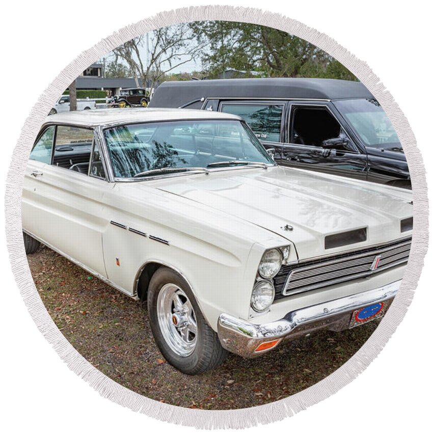 1965 Round Beach Towel featuring the photograph 1965 White Mercury Comet Cyclone GT X120 by Rich Franco