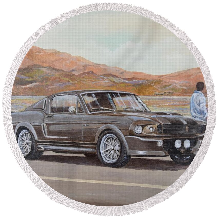 1967 Ford Mustang Fastback Round Beach Towel featuring the painting 1967 Ford Mustang Fastback by Sinisa Saratlic