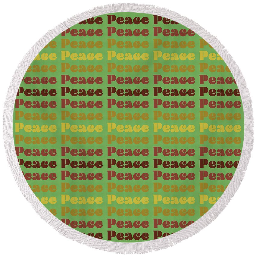 Peace Round Beach Towel featuring the digital art 1970s Peace Earthtones on Avocado Green by David Smith