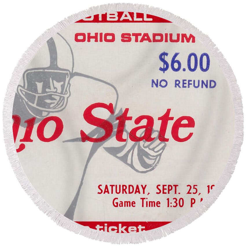 Osu Round Beach Towel featuring the mixed media 1971 Ohio State Buckeyes Football Ticket Art by Row One Brand