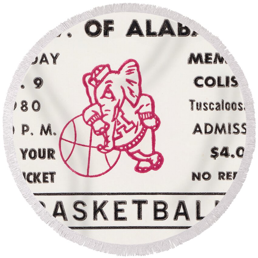 Alabama Round Beach Towel featuring the mixed media 1980 Alabama Basketball Ticket Stub Art by Row One Brand