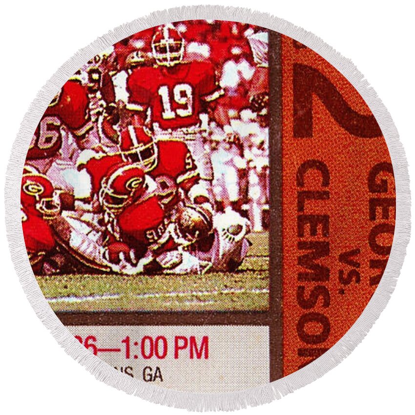  Round Beach Towel featuring the drawing 1986 Georgia vs. Clemson by Row One Brand