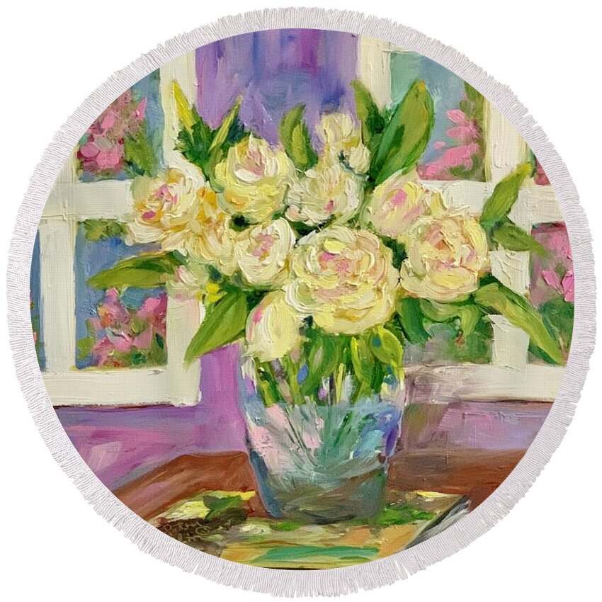 Vase Flowers Window View Table Room Round Beach Towel featuring the painting A Day To Remember #2 by Patsy Walton