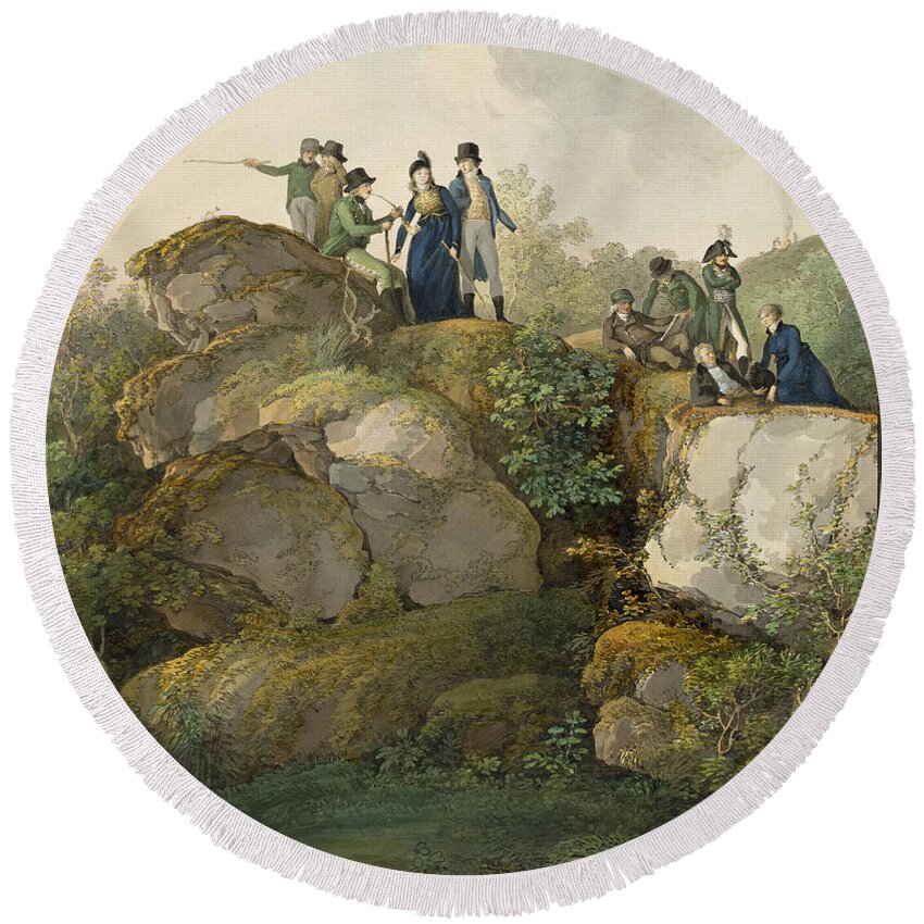 Johann Georg Von Dillis Round Beach Towel featuring the drawing A Royal Party Admiring the Sunset atop the Hesselberg Mountain by Johann Georg von Dillis